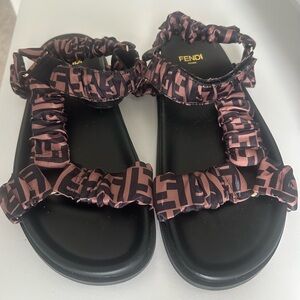 Fendi Black and Pink Feel Satin Flat Sandals